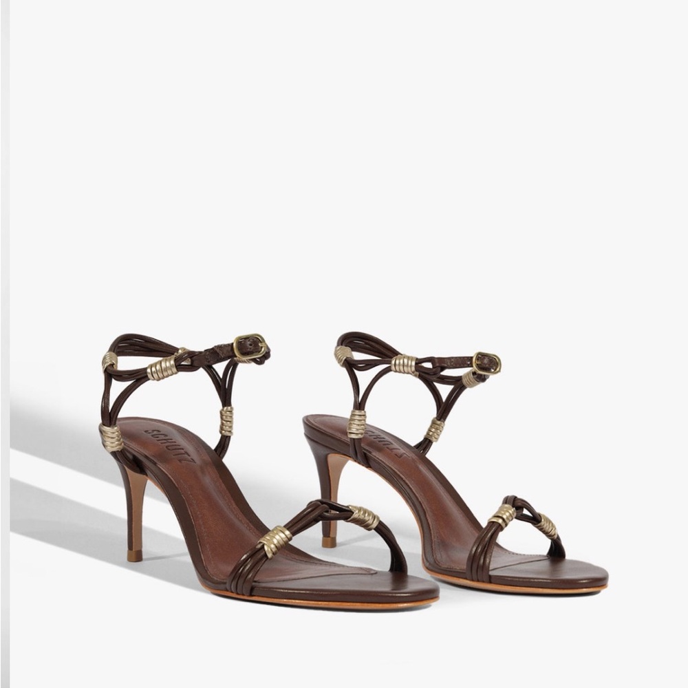 SCHUTZ Brown Leather Knotted High-Heel Sandal with Gold Accents - Picture 5 of 5